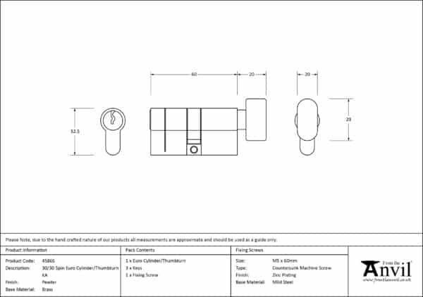 Pewter 30/30 5pin Euro Cylinder/Thumbturn KA 3