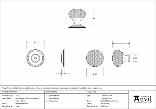 Polished Chrome Hammered Mushroom Cabinet Knob 32mm 3