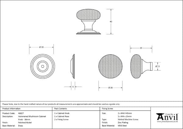 Polished Nickel Hammered Mushroom Cabinet Knob 38mm 3