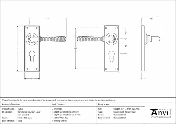 Polished Chrome Hammered Newbury Lever Euro Lock Set 3