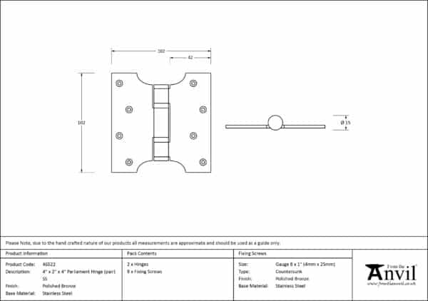 Polished Bronze 4" x 2" x 4"Parliament Hinge (pair) ss 3