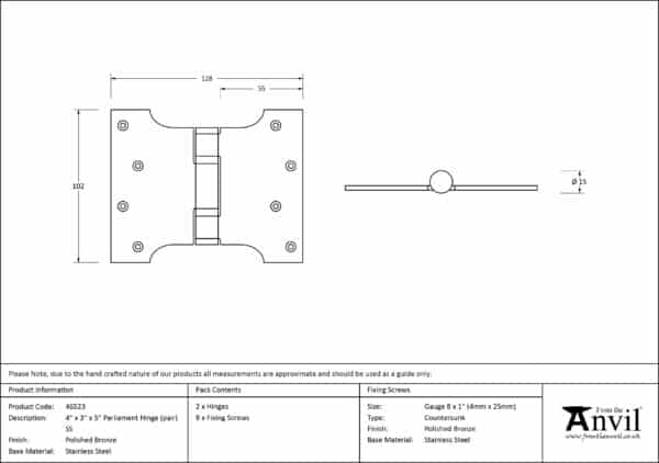 Polished Bronze 4" x 3" x 5"Parliament Hinge (pair) ss 3