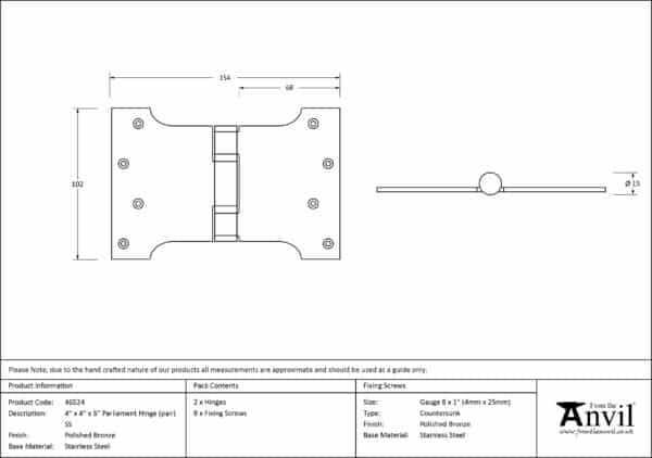 Polished Bronze 4" x 4" x 6"Parliament Hinge (pair) ss 3