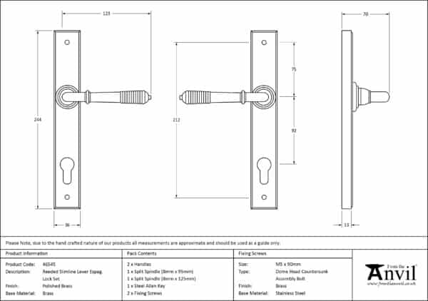 Polished Brass Reeded Slimline Lever Espag. Lock Set 3