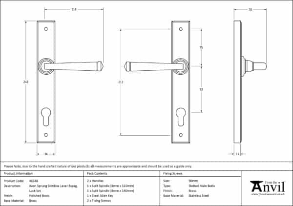 Polished Brass Avon Slimline Lever Espag. Lock Set 3