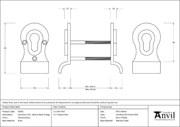 Polished Brass 50mm Euro Door Pull (Back to Back fixings) 3