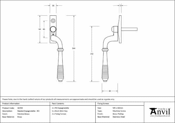 Polished Brass Reeded Espag - RH 3