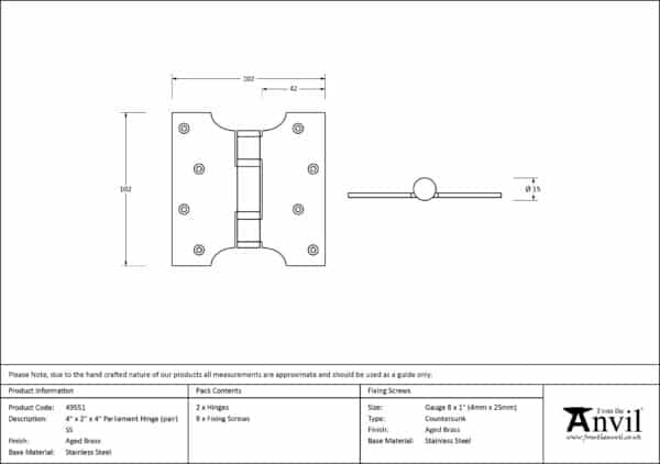 Aged Brass 4" x 2" x 4"Parliament Hinge (pair) ss 3