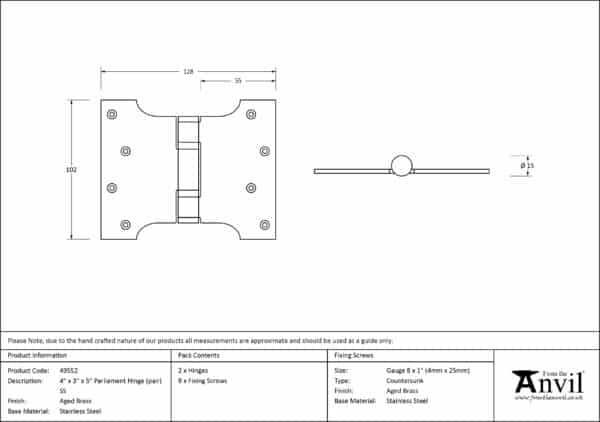 Aged Brass 4" x 3" x 5"Parliament Hinge (pair) ss 3