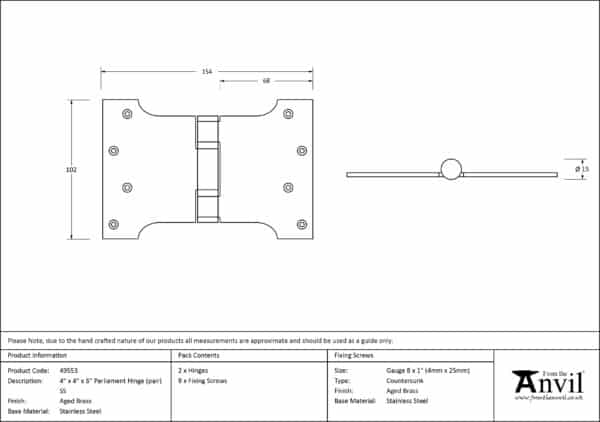 Aged Brass 4" x 4" x 6"Parliament Hinge (pair) ss 3