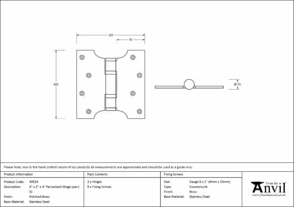 Polished Brass 4" x 2" x 4"Parliament Hinge (pair) ss 3