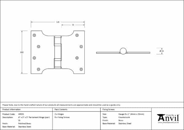 Polished Brass 4" x 3" x 5"Parliament Hinge (pair) ss 3