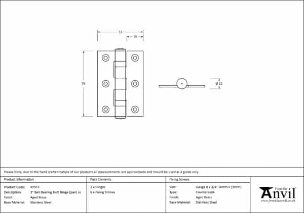 Aged Brass 3" Ball Bearing Butt Hinge (pair) ss 3