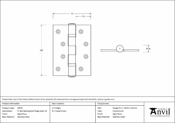 Aged Brass 4" Ball Bearing Butt Hinge (pair) ss 3