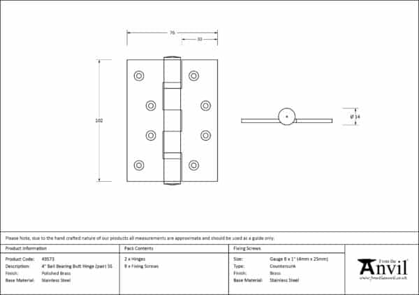 Polished Brass 4" Ball Bearing Butt Hinge (pair) ss 3