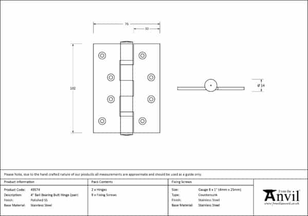 Polished SS 4" Ball Bearing Butt Hinge (pair) 3