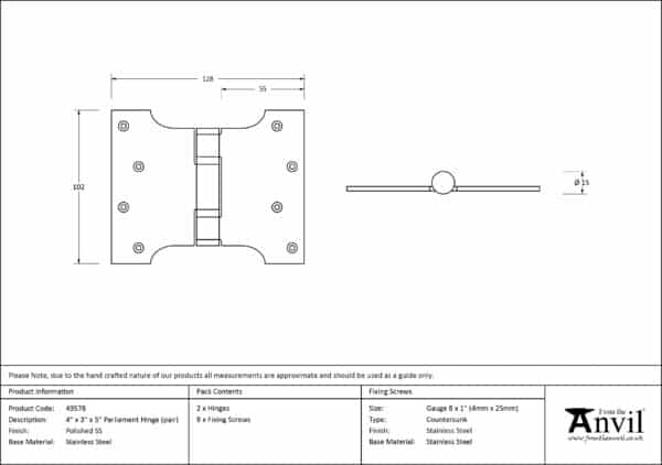 Polished SS 4" x 3" x 5"Parliament Hinge (pair) 3