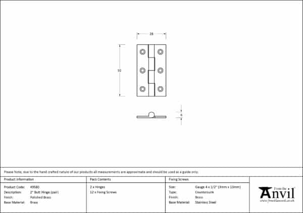 Polished Brass 2" Butt Hinge (pair) 2