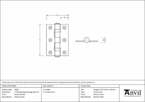 Polished Nickel 3" Ball Bearing Butt Hinge (pair) ss 3