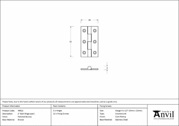 Polished Bronze 2" Butt Hinge (pair) 2