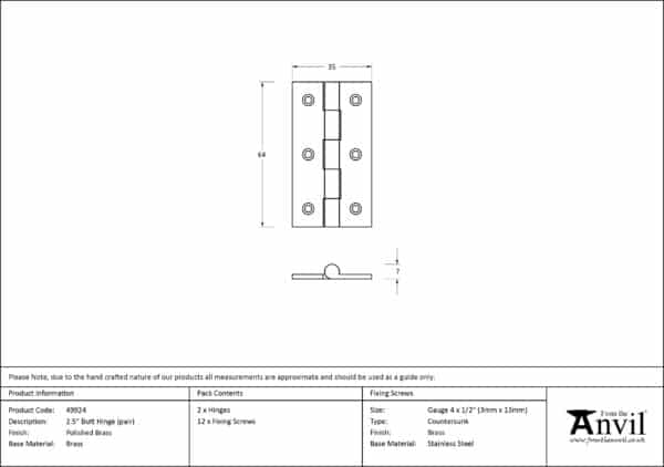 Polished Brass 2.5" Butt Hinge (pair) 2