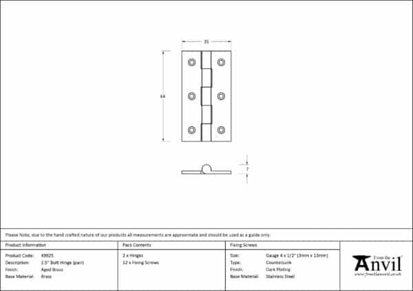 Aged Brass 2.5" Butt Hinge (pair) 2