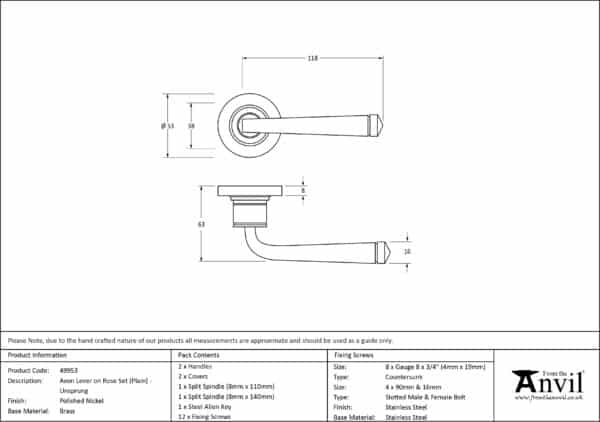 Polished Nickel Avon Round Lever on Rose Set (Plain) - Unsprung 3