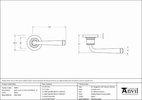 Black Avon Round Lever on Rose Set (Plain) - Unsprung 3