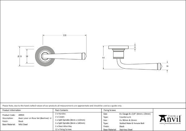 Black Avon Round Lever on Rose Set (Beehive) - Unsprung 3