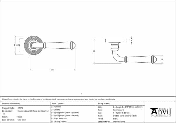 Black Regency Lever on Rose Set (Beehive) - Unsprung 3