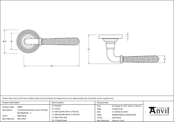 Matt Black Hammered Newbury Lever on Rose Set (Beehive) - Unsprung 3