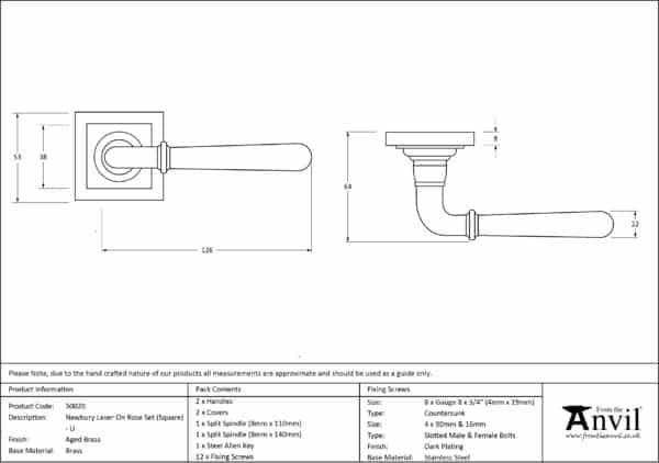 Aged Brass Newbury Lever on Rose Set (Square) - Unsprung 2