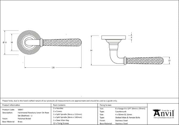 Pol. Nickel Hammered Newbury Lever on Rose Set (Beehive) - Unsprung 3