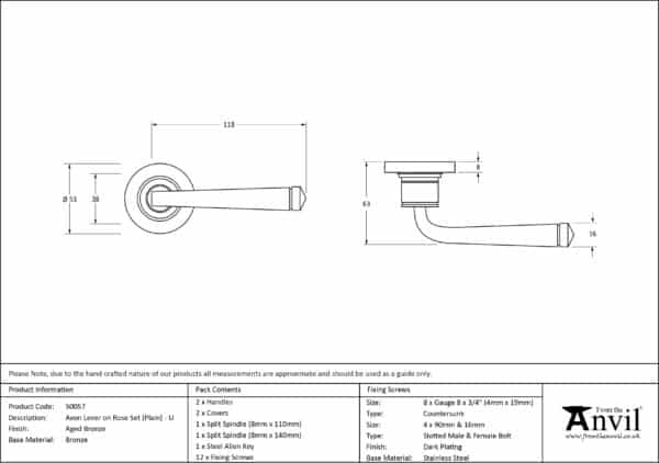 Aged Bronze Avon Round Lever on Rose Set (Plain) - Unsprung 3