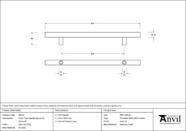 Satin SS (316) 0.6m T Bar Handle Secret Fix 32mm ÃƒËœ 3