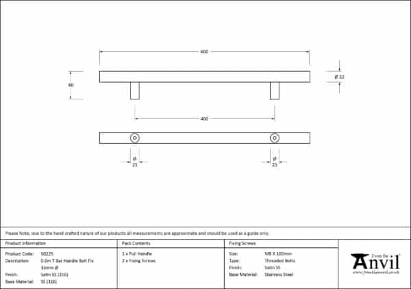 Satin SS (316) 0.6m T Bar Handle Bolt Fix 32m 3