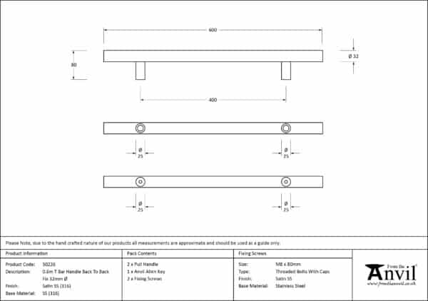 Satin SS (316) 0.6m T Bar Handle B2B Fix 32mm ÃƒËœ 3