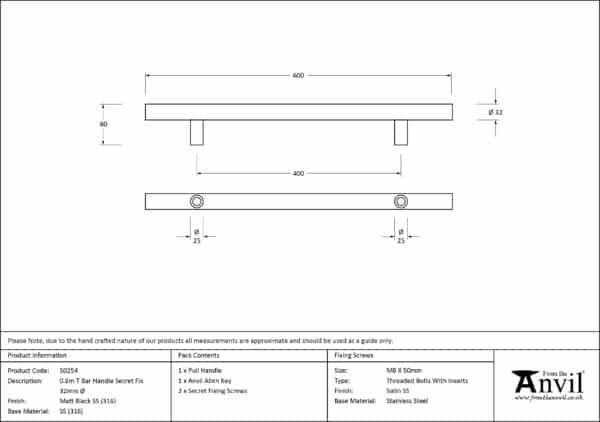 Matt Black SS (316) 0.6m T Bar Handle Secret Fix 32mm ÃƒËœ 3