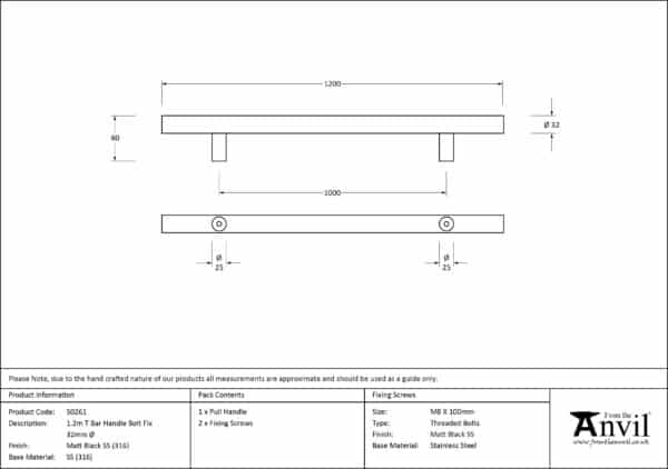 Matt Black SS (316) 1.2m T Bar Handle Bolt Fix 32mm ÃƒËœ 3