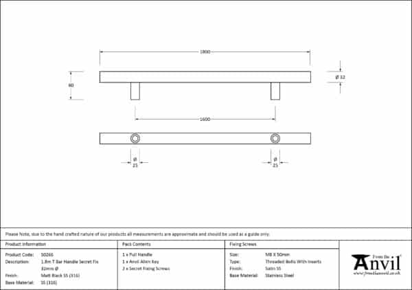 Matt Black SS (316) 1.8m T Bar Handle Secret Fix 32mm ÃƒËœ 3