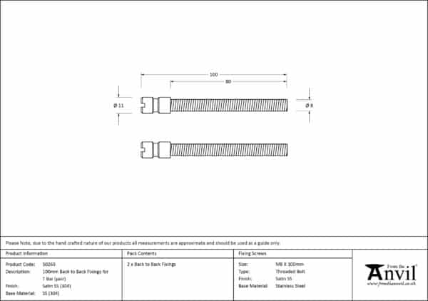 Satin SS (304) 100mm Back to Back Fixings for T Bar (2) 3