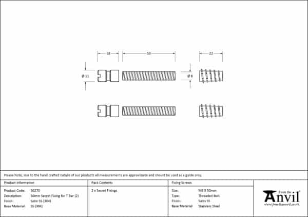 Satin SS (304) 50mm Secret Fixings for T Bar (2) 3