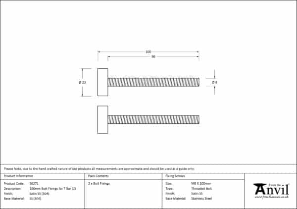 Satin SS (304) 100mm Bolt Fixings for T Bar (2) 3