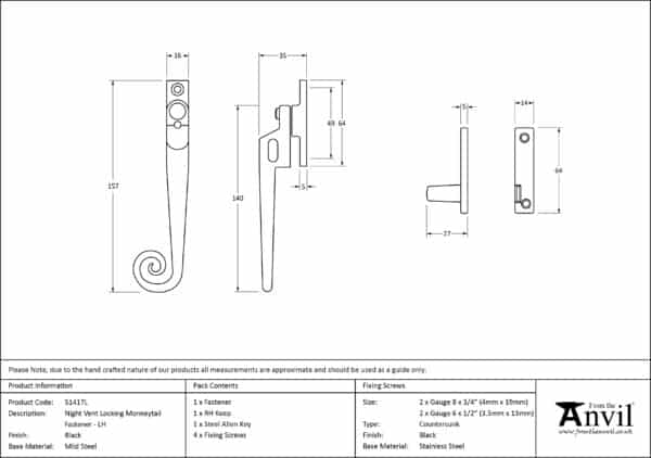 Black Locking Night-Vent Monkeytail Fastener - LH 3