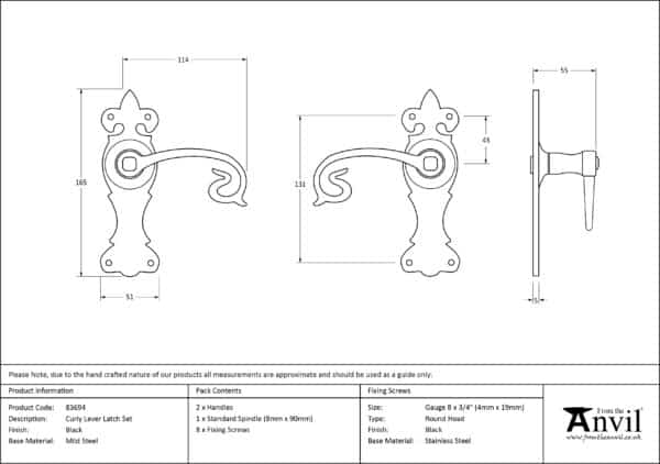 Black Curly Lever Latch Set 2