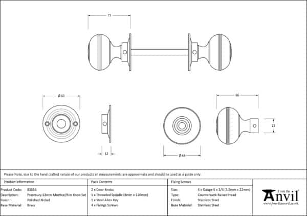 Polished Nickel 63mm Prestbury Mortice/Rim Knob Set 2