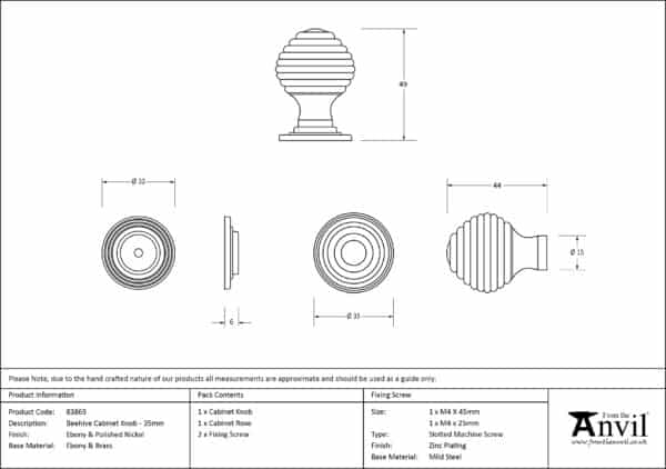 Ebony and PN Beehive Cabinet Knob 35mm 3