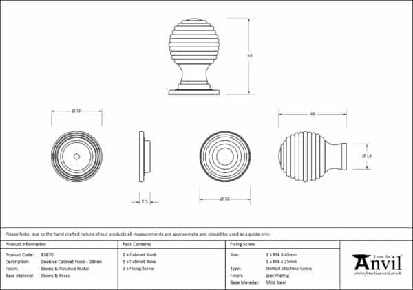 Ebony and PN Beehive Cabinet Knob 38mm 3