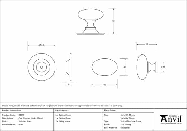 Polished Brass Oval Cabinet Knob 40mm 3