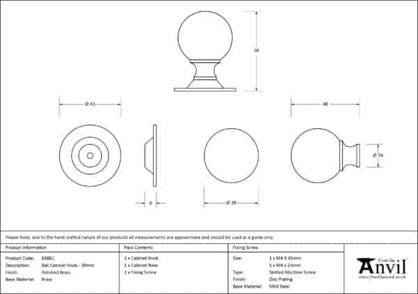 Polished Brass Ball Cabinet Knob 39mm 3